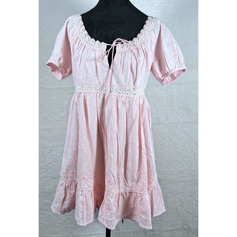 Lulus Blush Pink Crochet Trim Short Sleeve Babydoll Mini Dress Womens Medium New
